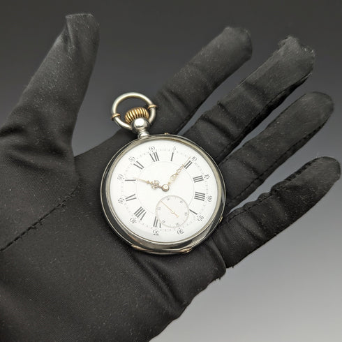 Antique unsigned pocket watch made in France, silver side open face, works well